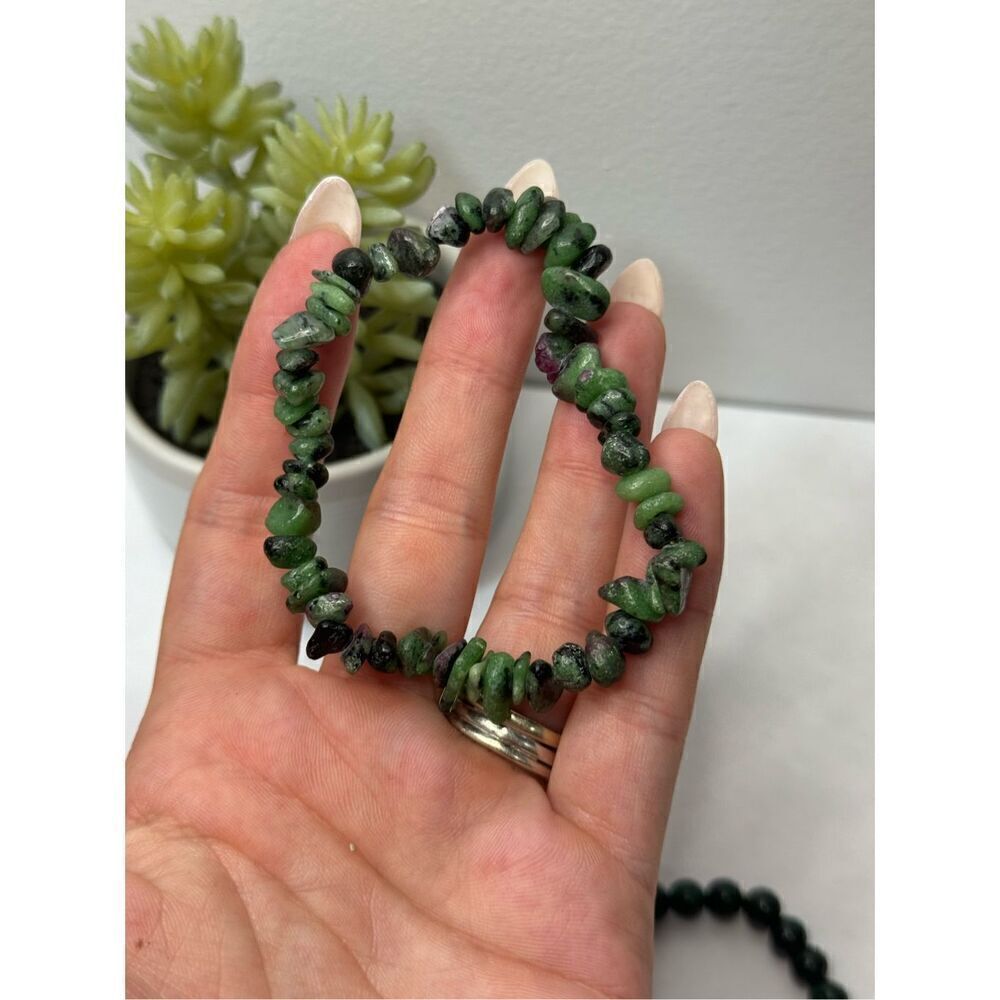 Malachite + Ruby Zoisite Gemstone Beaded Stretch … - image 5